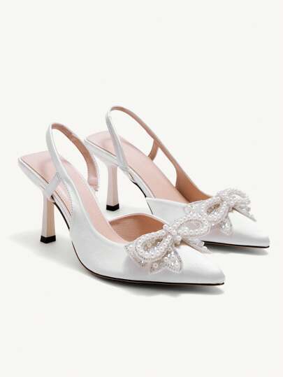 CUCCOO CHICEST Women's Pointy-Toe Stiletto High Heels, Faux Pearl & Rhinestone Butterfly Decor, Elegant Formal Party Wedding Guest Dress Shoes, White For Christmas Elegant Shoes Wedding Shoes Spring Shoes Bride Shoes