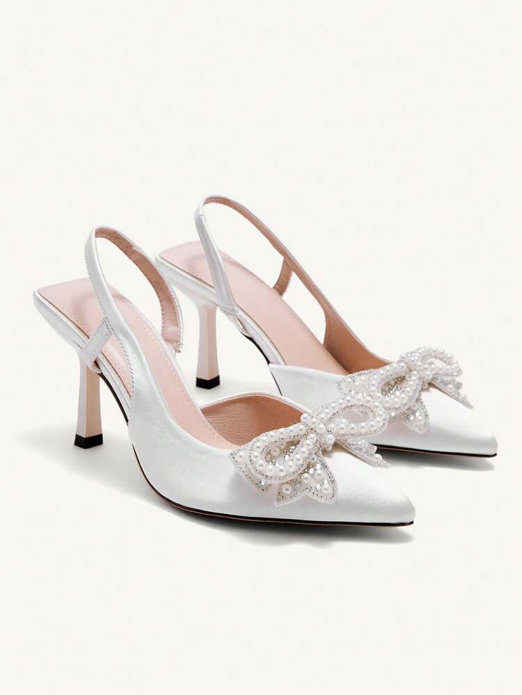 CUCCOO CHICEST Women's Pointed-Toe Stiletto High Heels, Faux Pearl & Rhinestone Bow Decor, Elegant Formal Party Wedding Guest Dress Shoes, White For Christmas Elegant Shoes Wedding Shoes Summer Shoes Bride Shoes