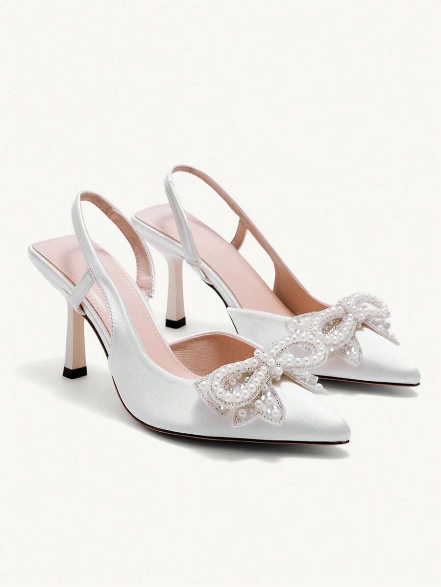 CUCCOO CHICEST 女士尖头细高跟鞋，仿珍珠和水钻蝴蝶结装饰，优雅正式派对婚礼宾客礼服鞋，白色，适合圣诞节、婚礼、夏季等场合，新娘鞋 - 米色 - 查看 1