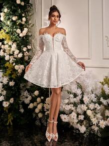 SHEIN Belle Elegante, lujoso y elegante vestido largo de encaje blanco con hombros descubiertos y manga larga con dobladillo amplio, adecuado para festivales, despedidas de soltera, bodas, graduaciones, vacaciones, vestidos para duchas nupciales, pequeño vestido blanco, novia