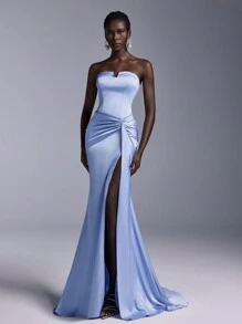 Elitara 优雅浅蓝色缎面露肩不对称 V 领扭曲鱼尾侧高开叉迷人垂坠尾部正式晚礼服、婚礼宾客礼服、派对礼服 - 淺藍色 - 查看 4