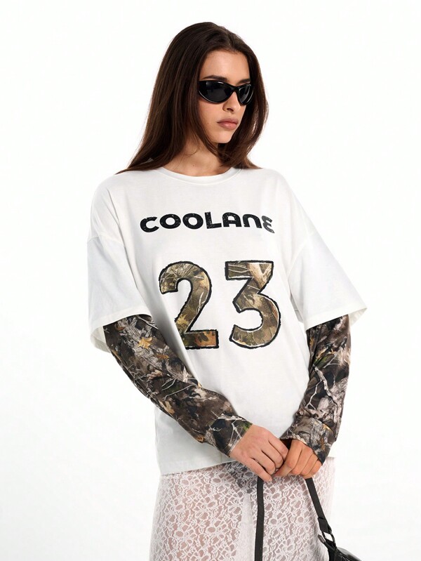 Coolane Camiseta de manga larga oversize de dos piezas falsas con patrón de camuflaje de rama de árbol estilo Y2K para parejas