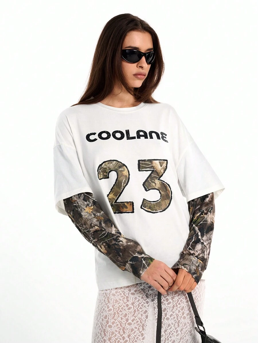 Coolane Women's Couple Same Style Y2K Cargo Knit Camo Tree Branch Pattern Two Fake Pieces Long Sleeve Over Size T-Shirt - White - View 1