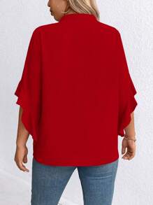 Plus Size Women's Tie Collar Faux Pearl Decor Ruffle Sleeve Blouse - Red - View 2