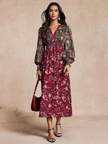 Chiquease 女士修身拼接印花连衣裙，优雅修身长款女士服装