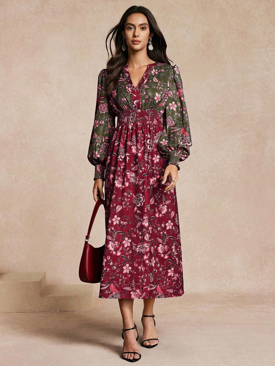 Chiquease 女士修身拼接印花连衣裙，优雅修身长款女士服装