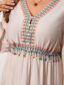 SHEIN LUNE Plus Size Long Sleeve Casual Retro Printed Waist Tassel Dress Sundress Linen Fabric - Beige - View 8