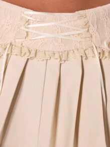 MUSERA 弹力梭织褶裥蕾丝拼接迷你裙 Y2K 夏季派对 - 奶油色 - 查看 6