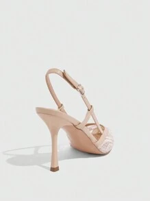 CUCCOO SZL Tacones de salón de punta fina de material de encaje color albaricoque con correa trasera para mujer, sexy para uso diario, citas, fiestas, vacaciones, San Valentín, boda