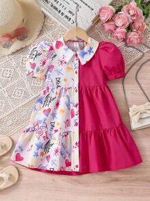 SHEIN Váy bó tay bồng họa tiết graffiti dệt trơn màu cho bé gái - Màu Hồng Tươi - Xem 8