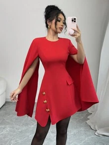 Chiquease Women's Elegant V-Neck Slit Sexy Cute Mini Dress, Date, Valentine's Day, Party, Bow Accent, Solid Red Fall Cloth For Women - Red - View 4