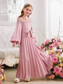 Tween-Mädchen einfarbiges Patchwork Punkt Mesh Rüschen Ärmel Schleife Plissee rosa Lässig Kleid, Party, Schule Start, feminin, französisch elegant, Prinzessinen Stil, Hochzeit, Geburtstag, Valentinstag