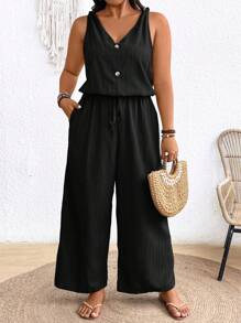 SHEIN Frenchy Plus Size Earthy Clothes Textured Crepe Cami Jumpsuit With Bowknot Waist And V-Neckline