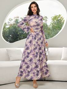 Modelyn Women's Batik Printing Round Neck Long Sleeve Pleated Ruffle Hem Elegant Dress