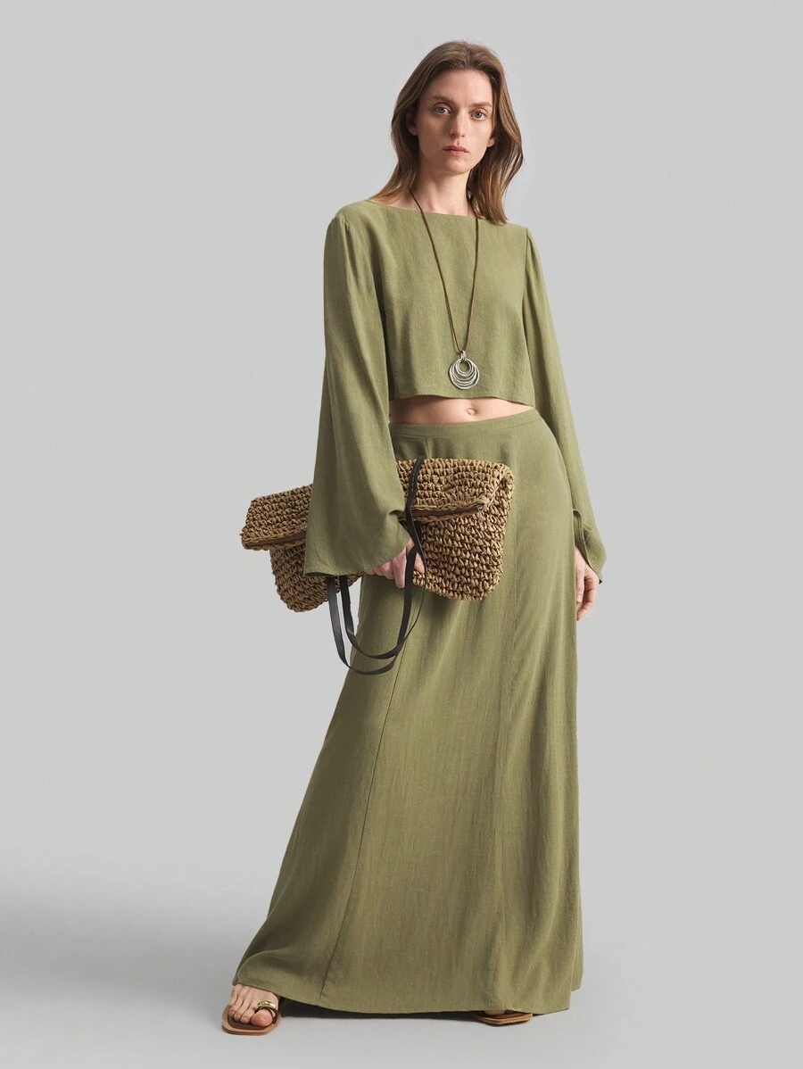 Ontre Women's Solid Color Linen Long Sleeve Crop Top And A-Line Long Skirt 2 Pieces Set, Casual Bohemian Style, Spring/Summer - Green - View 1
