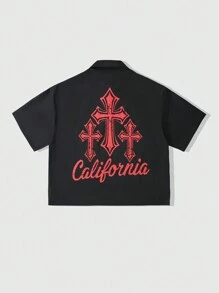 ROMWE MEN Goth 男士字母与十字图案印花短袖工装口袋休闲衬衫