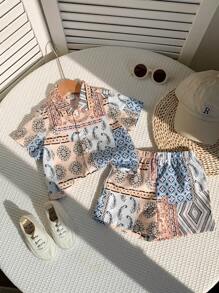 2 Pieces Baby Boys Casual Cute Geometric Pattern Lapel Short Sleeve Shirts, Suitable For Spring/Summer Indoor & Outdoor Wear