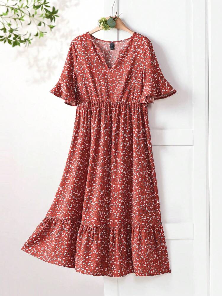 Lässiges wadenlange Kleid für Damen mit kurzen Ärmeln und kleinem Blumenmuster, geeignet für Frühling/Sommer