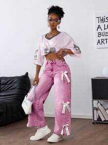SHEIN PETITE Women's Plain Color Simple Fashion Casual Daily Jeans,Valentine's Day New Three-Dimensional Bow Pink Loose Denim Wide Leg Pants Dating Artifact Y3K Jeans