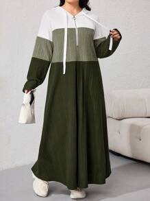 Mulvari 大码长袖休闲连衣裙，简约时尚，适合日常穿着 - 軍綠色 - 查看 3