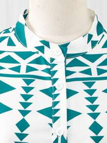 SHEIN 1pc Teen Girl Geometric Digital Print V-Neck A-Line Ruffled Hem Loose Fit Long Sleeve Spring/Ramadan Dress, Suitable For Outing And Home(Sibling Outfits Matching Outfits, 2 Pieces Sold Separately) - Blue and White - View 6