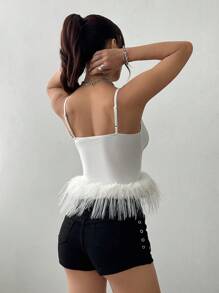 Flirla V-Neck Faux Fur Camisole Top, Minimalist Casual Everyday Wear