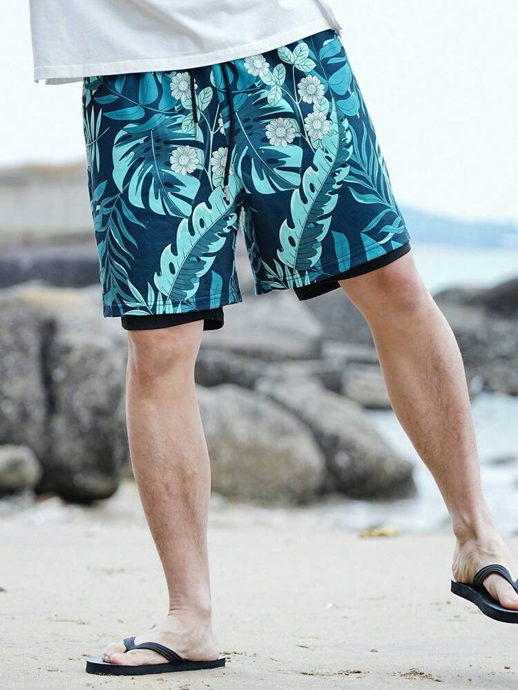 Men's Plant & Floral Print Casual Shorts For Beach And Resort, Summer