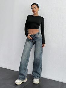 EURMUSE 高腰直筒休闲牛仔长裤 - 中等水洗藍 - 查看 3