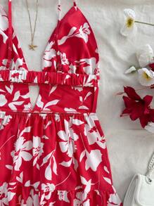 Soleia 女士节日编织花卉印花吊带裙，红色底色，白色花朵，夏季款式，迷你连衣裙 - 紅白色 - 查看 8