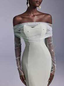 Elitara 浪漫优雅白色缎面深 V 领长袖宽 A 字形露背链环装饰下摆拖尾婚纱，简约新娘礼服，新娘 - 薄荷綠 - 查看 7