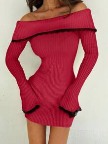 Firerie Elegant Sexy White Contrast Color Lace Patchwork Off Shoulder Bell Sleeve Waist Fit A-Line Mini Sweater Dress, Autumn/Winter - Red - View 5