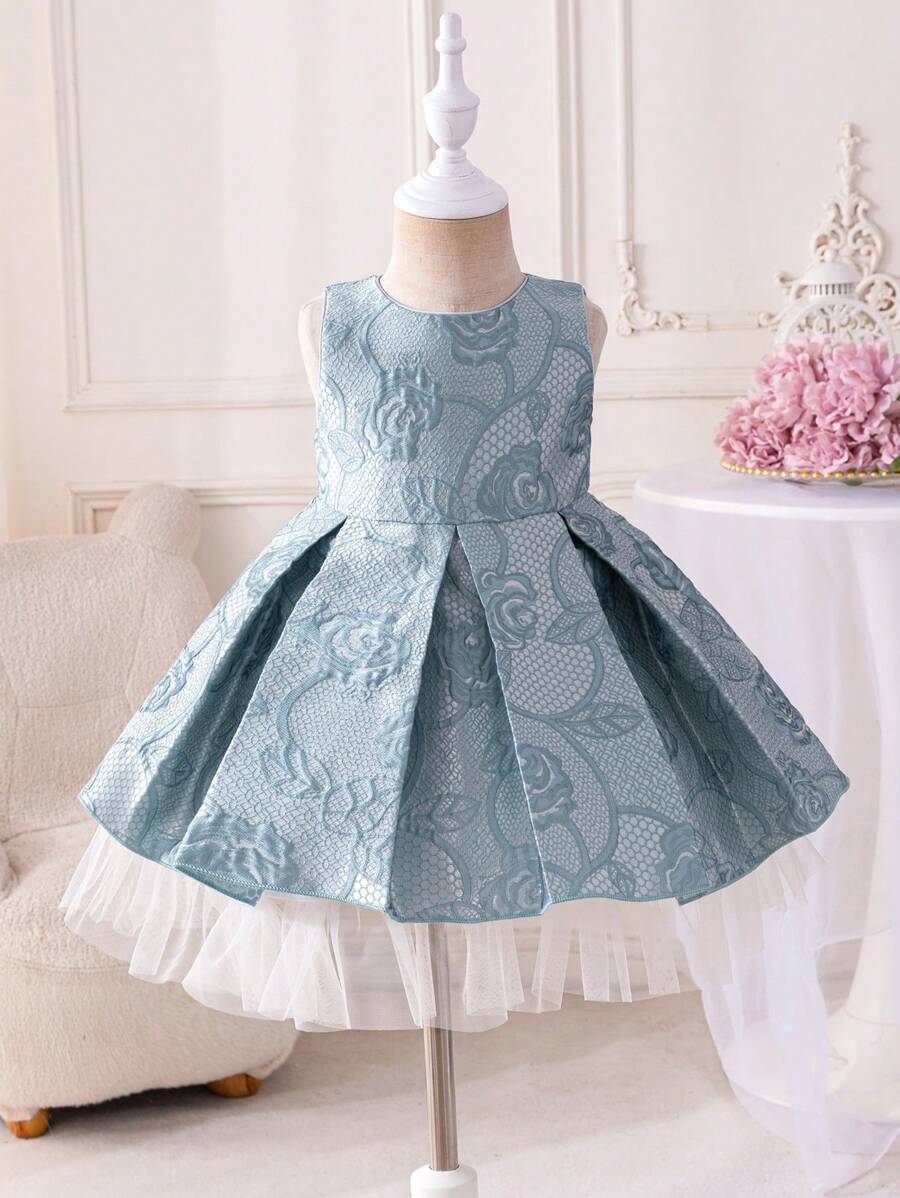 Glamorique Kids Vestido de fiesta elegante de princesa para niñas bebé sin mangas con superposición de malla, vestido de jacquard de alta calidad, digno y elegante, adecuado para fiestas glamorosas europeas, americanas, eventos y ocasiones especiales - Azul - Ver 1