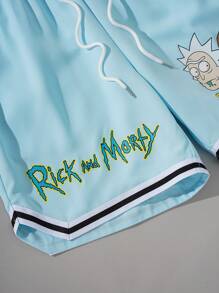 ROMWE MEN Rick and Morty | ROMWE Men's Summer Casual Cartoon & Letter Graphic Drawstring Waist Basketball Shorts - Blue - View 3