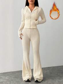 SHEIN PETITE Set de 2 piezas de chaqueta con capucha y pantalones de unicolor, conjunto casual