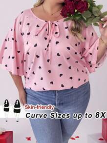 SHEIN CURVE+ Plus Size Valentine's Day Heart Print Long Sleeve Shirt, Suitable For Spring And Winter, For Summer