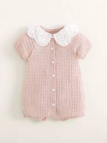SHEIN 1pc Baby Girls Short Sleeve Lapel Button Down Romper, Casual Versatile Cute Daily Outfit, Summer New Arrival - Apricot - View 3