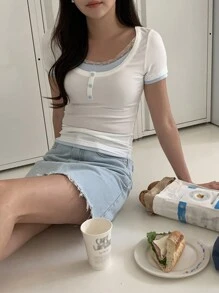 DAZY Women's Crew Neck Color Block Short Sleeve T-Shirt - White - View 6