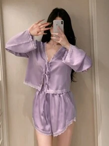 DAZY Romantic Lace Patchwork Satin Bowknot Top And Shorts Pajama Set For Women, Fall Winter Clothes - Mauve Purple - View 6