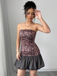 Elenzga Váy ngắn hở vai họa tiết da báo cho nữ, váy ngắn sinh nhật gợi cảm, xuân/hè - màu đen - Xem 5