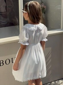 斋月少女优雅宫廷风白色蝴蝶结泡泡袖领刺绣公主裙甜美可爱女童连衣裙春夏新品日常装 - 白色 - 查看 2