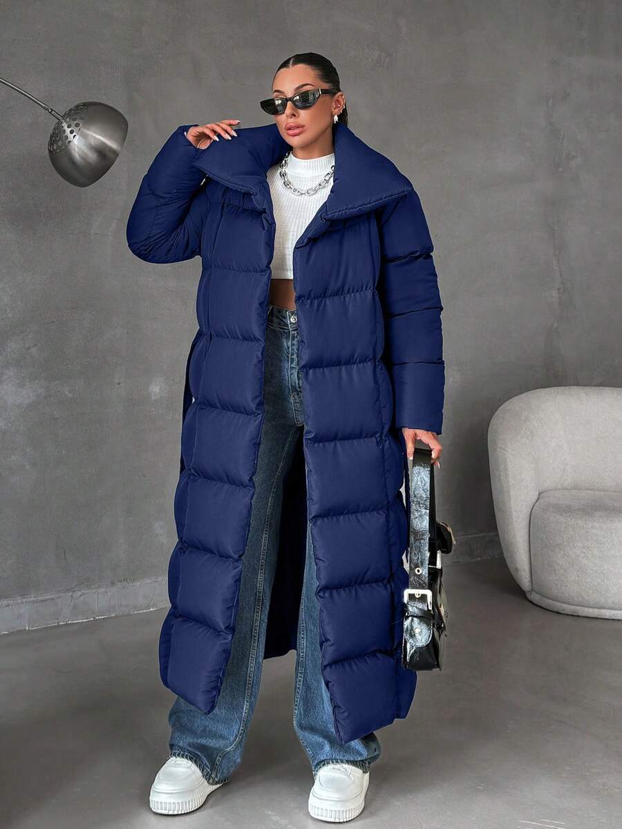 EURMUSE Zip Up Slant Pocket Padded Coat With Waist Belt - Navy Blue - View 1