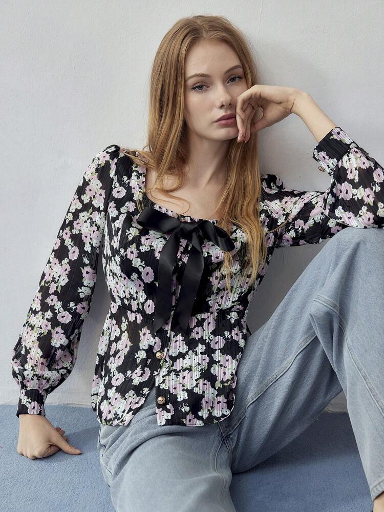 MOTF STUDIO TEXTURED FLORAL PRINT BLOUSE