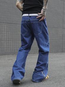 Manfinity Roghcode Men's Casual Straight Loose Fit Jeans With Pockets - Dark Wash - View 2