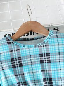 Conjunto de 2 piezas de camiseta de manga raglán de cuello redondo a cuadros y leggings de cintura elástica de unicolor ajustados para niñas jóvenes, para principios de primavera