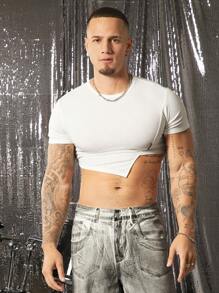 FeverCity Men's Round Neck Cropped Hem Asymmetrical T-Shirt - White - View 2