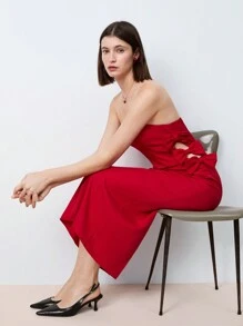 Maija 女士红色优雅纯色蝴蝶结装饰吊带背心百搭日常情人节派对连衣裙，早春节