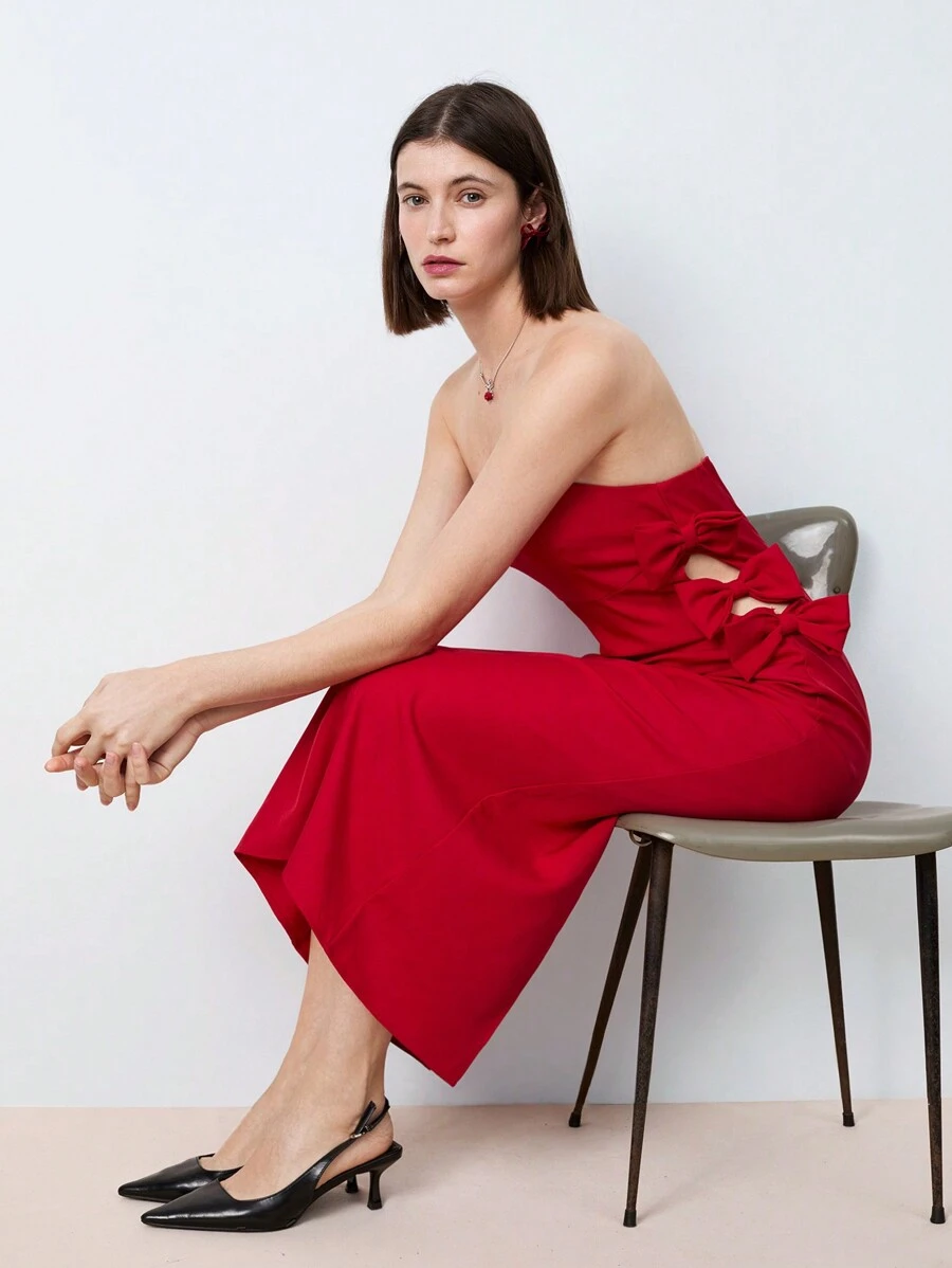 Maija 女士红色优雅纯色蝴蝶结装饰吊带背心百搭日常情人节派对连衣裙，早春节