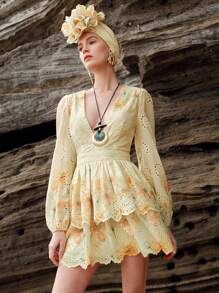 Anewsta Vintage French V-Neck Short Ditsy Floral Dress, Slimming