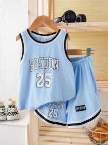 SHEIN Leap Crew 2pcs/Set Young Boys Casual Streetwear Sports Printed Round Neck Sleeveless Shorts Set, Suitable For Sports, Schooling, Daily Gatherings, Spring/Summer - Blue - View 2