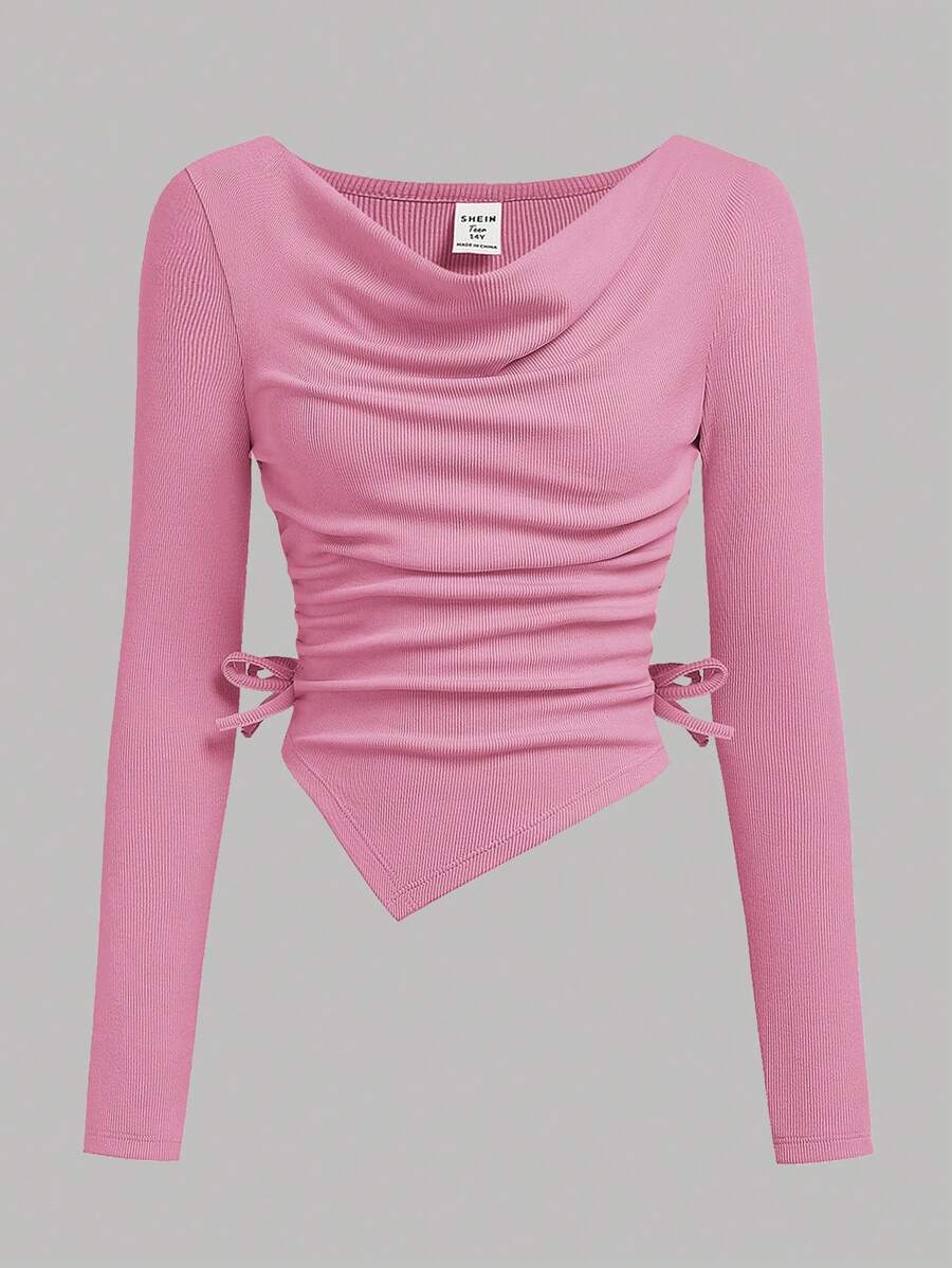SHEIN Girlism 少女杏色罗纹不对称下摆扭腰粉色长袖 T 恤，百搭秋季过渡装 - 粉色 - 查看 1